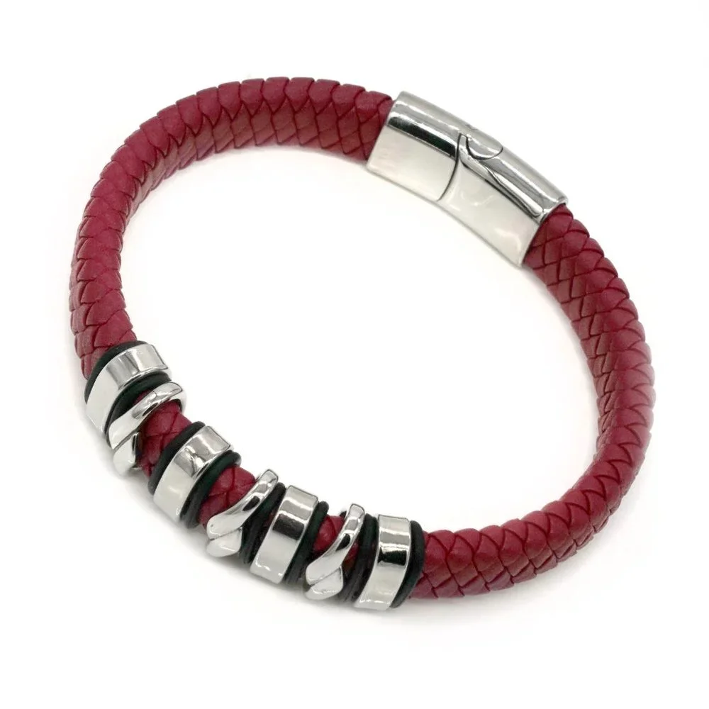 Men's red leather bracelet with magnetic clasp. - Picture 3 of 4